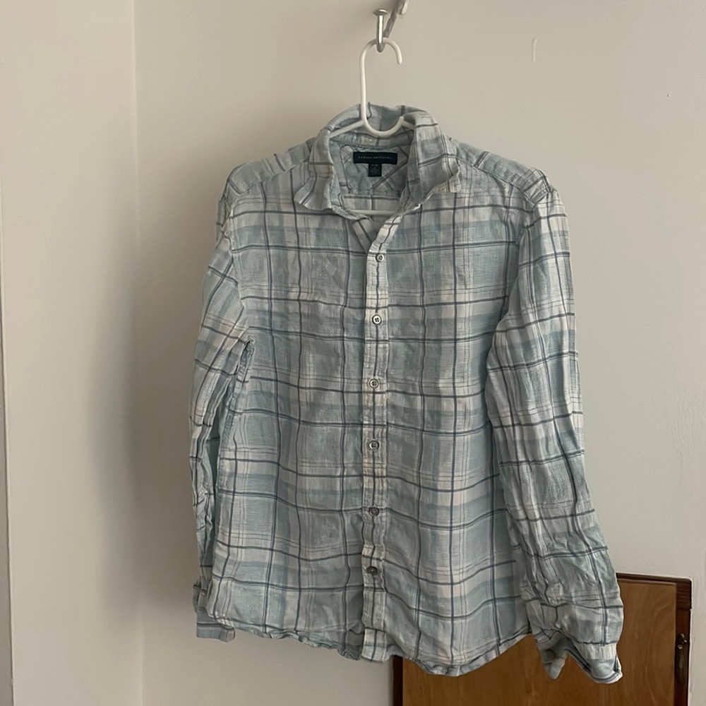 S Banana Republic Blue Plaid Linen Button Up
